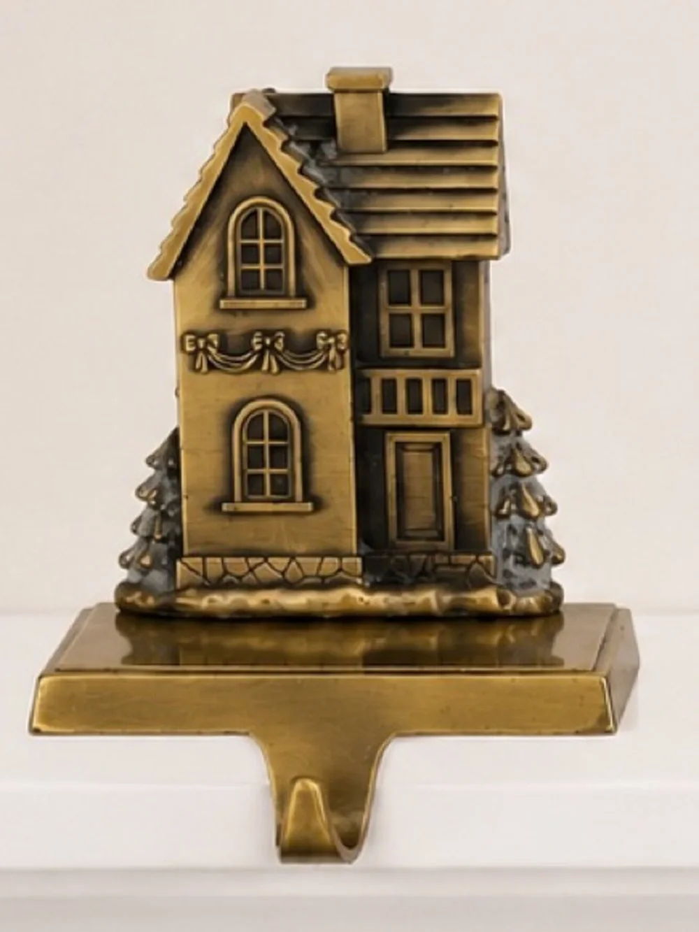 Vintage 1990’s Brass Christmas Village Stocking Holders Set/3 House Mantel Hooks